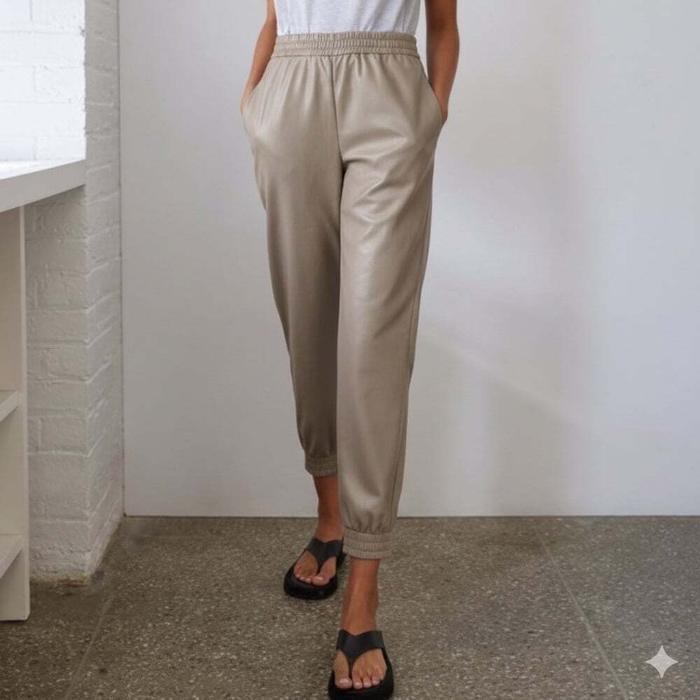 Babaton Faux‎ Leather Jogger Pants Taupe Minimal Chic XS